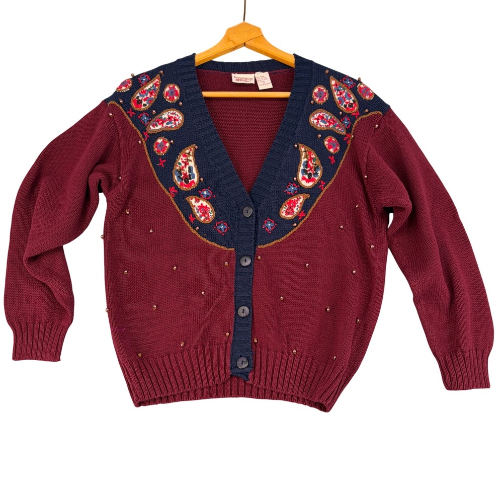 Huntington Ridge Vintage Beaded Paisley Cardigan Sweater Burgundy Navy Medium